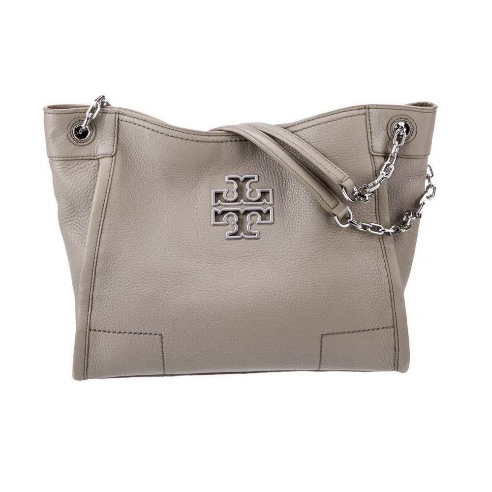 Tory Burch Britten French Grey Shoulder Bag Pebbled Leather Chain Slouchy Tote
